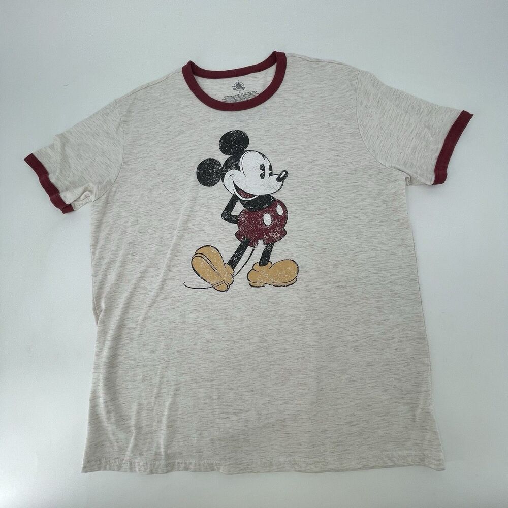 Disney Parks Mickey Mouse T-Shirt Mens Large Cream Red Retro Ringer Heathered